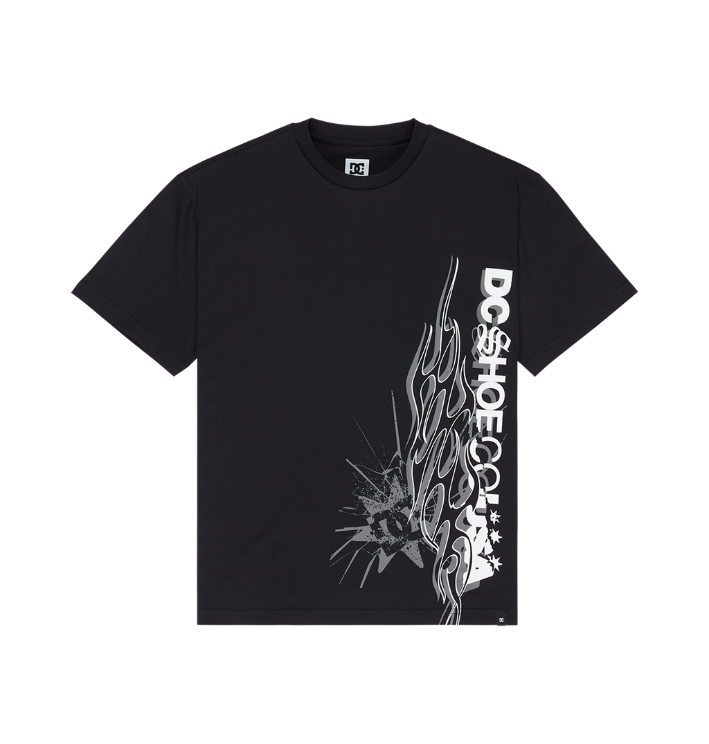 Introducing the Men's DC Side Flame Tee by DC Shoes—a black graphic tee showcasing bold white DCSHOECO text and an eye-catching flame graphic on the right side, accented with a dynamic starburst design. Perfect for skate sessions, this modern streetwear staple features signature DC artwork set against a sleek plain background.