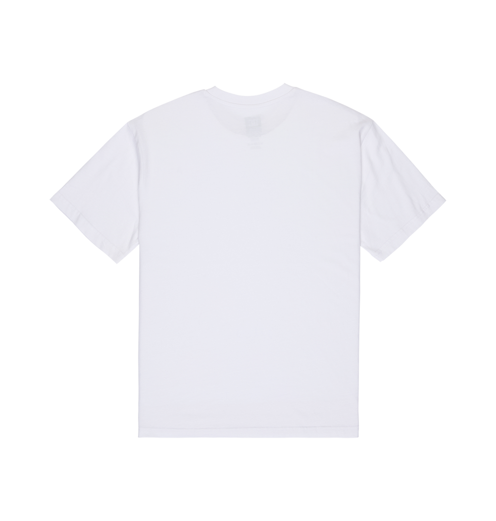 A Men's DC Side Flame Tee by DC Shoes, featuring a relaxed fit and short sleeves in plain white, is displayed laid flat on a white background with the back facing up.